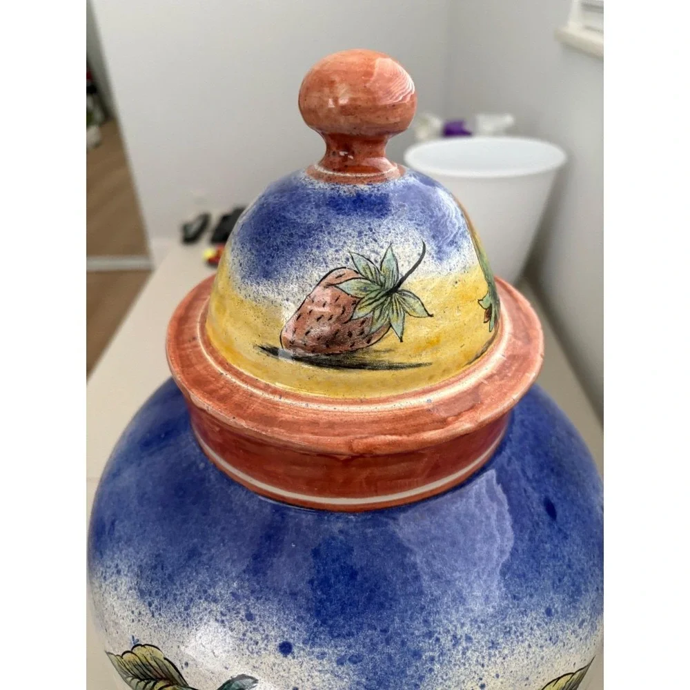 VTG Large Hand Painted Italian Ceramic Ginger Jar Fruit Motif‎ Lidded Urn 18.5